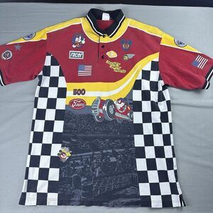 Vintage Mickey Mouse Racing Polo Shirt Mens L Red AOP Check Disney Store USA